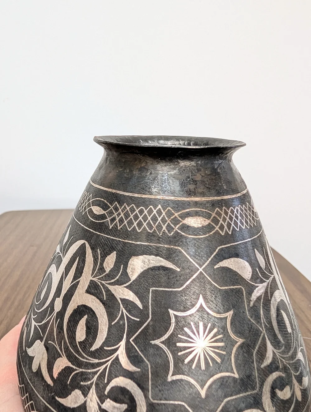 Antique Islamic Indo-Persian Bidriware Gray With Silver Koftgari Florals Vase